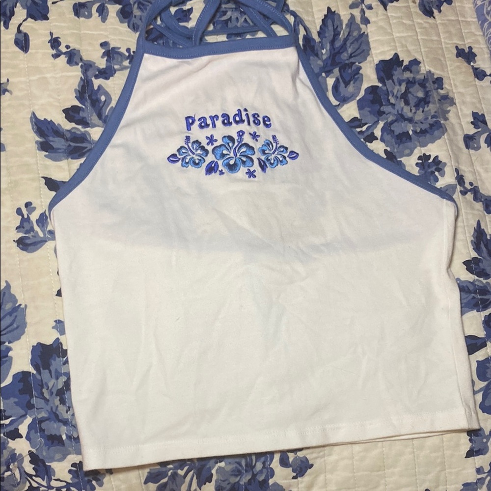 Embroidered White and Blue Halter Top